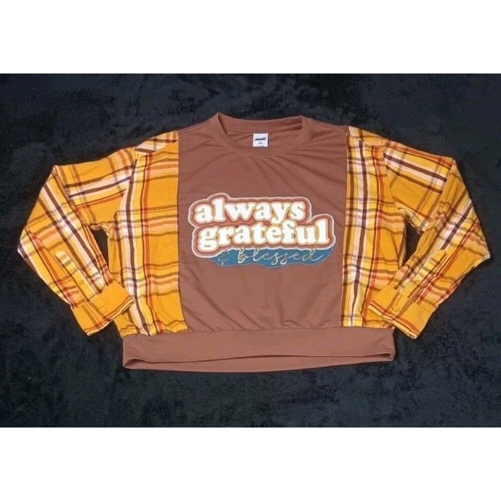 Avia Plaid Mixed Media Long Sleeve Sweatshirt S Yellow Upcycled Patchwork Boho